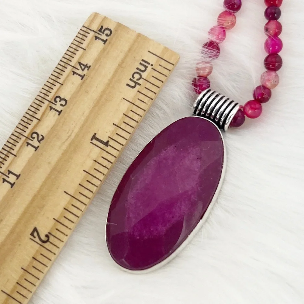Ruby Tourmaline Pendant Solid Sterling Silver 925 and 4mm Agate Necklace New - Picture 6 of 6